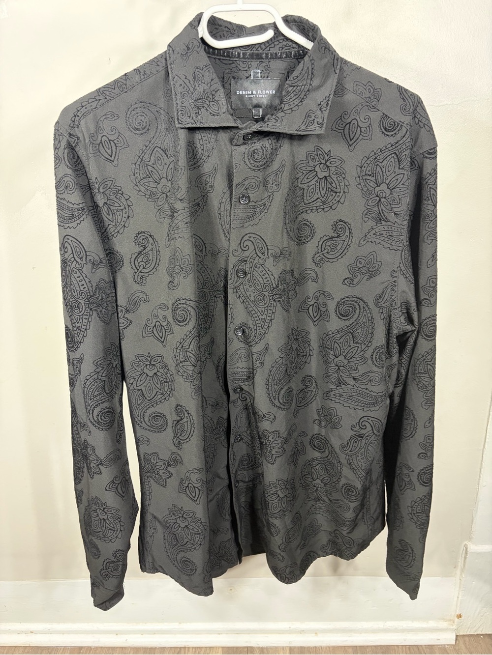 Denim & Flower Ricky Singh Black‎ Paisley Burnout Velvet Button Down Shirt